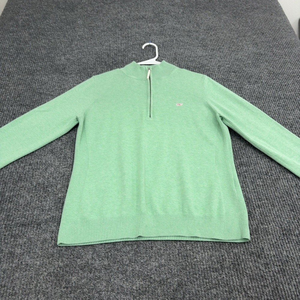 Vineyard Vines Sweater Mens L Green Cotton Quarter Zip Mock Neck Preppy Style